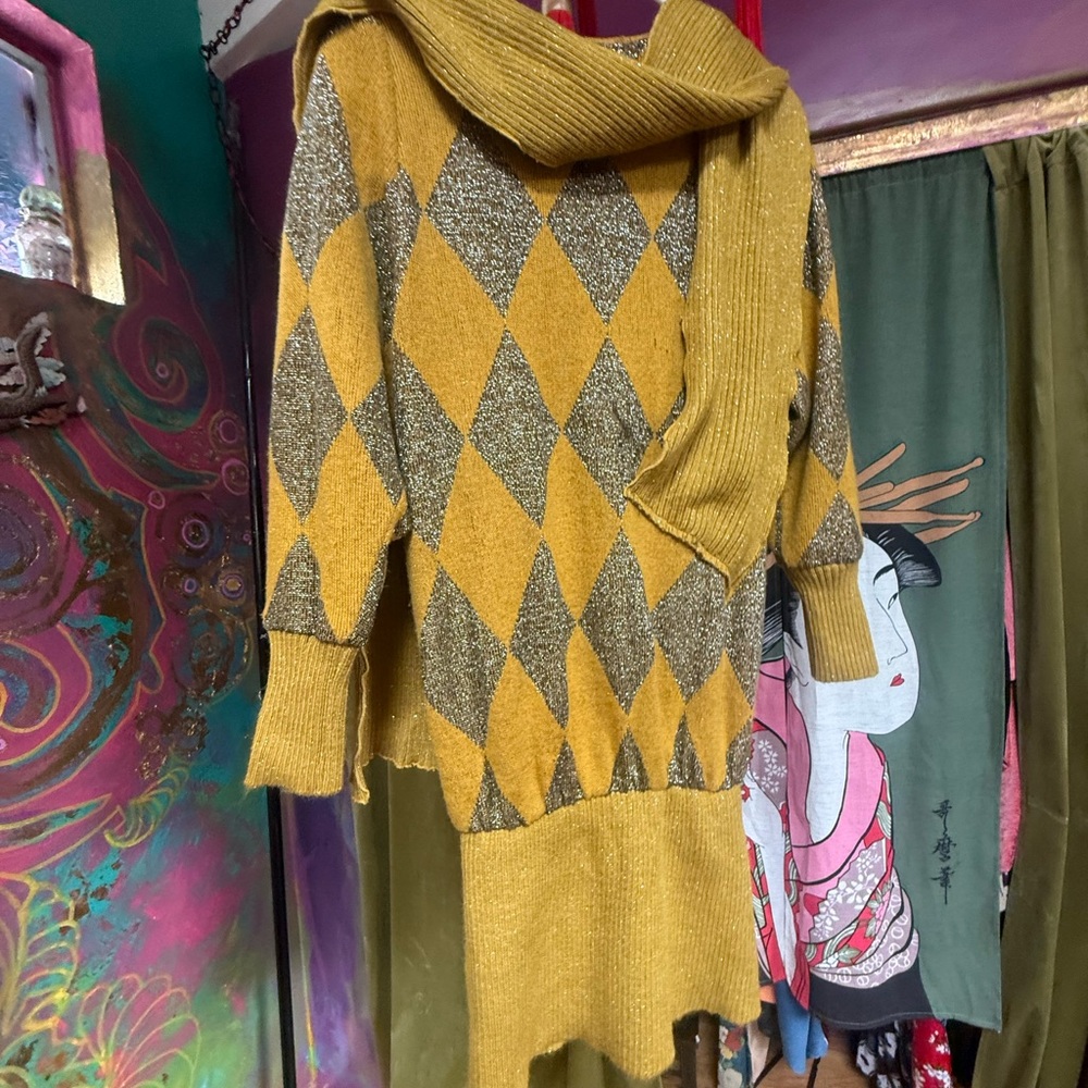 Argyle Pattern Mustard and Gray Women's Sweater dress tunic